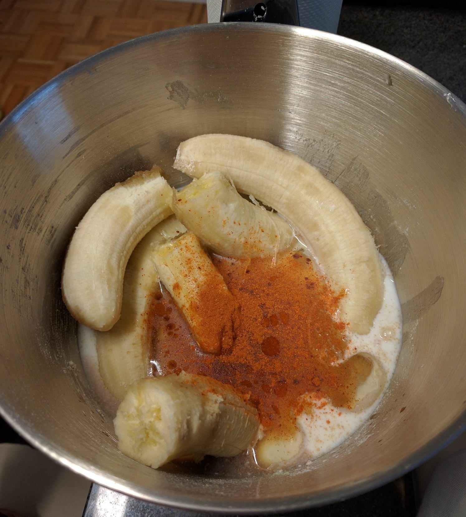 Banana bread ingredients in a bowl