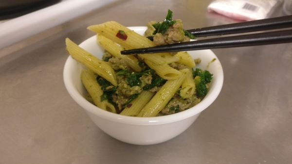 Greens + Protein + Sauce + Pasta (specifically Kale & Turkey Pesto Pasta, here)